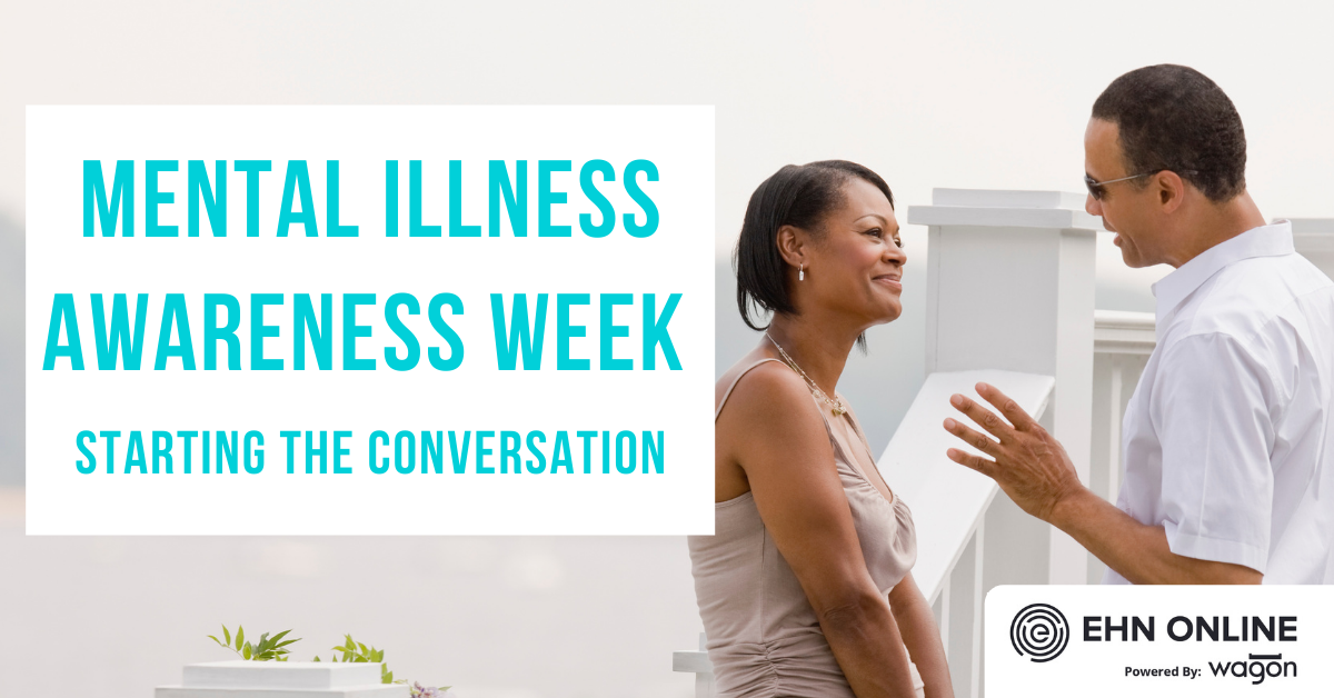 Man and woman talking on balcony. Mental Illness Awareness Week - starting the conversation